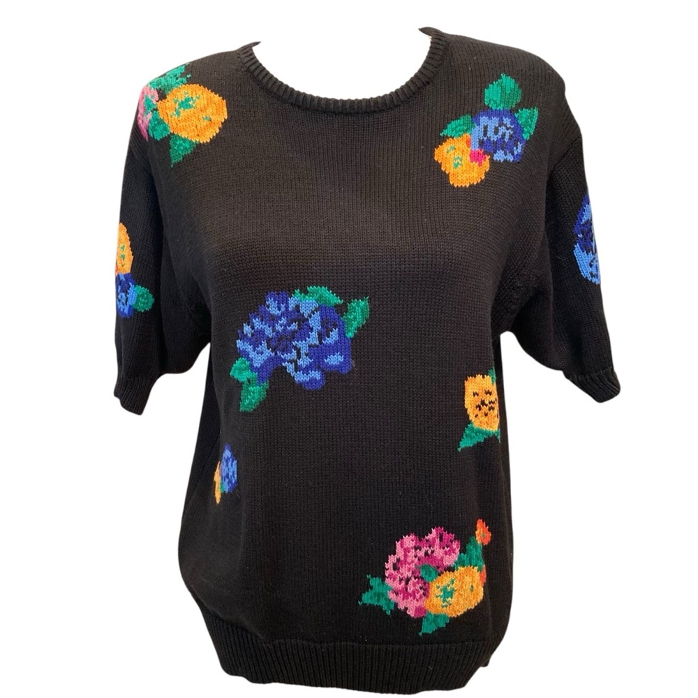 Vintage JH Collectables Black Floral Knit Sweater Size Large